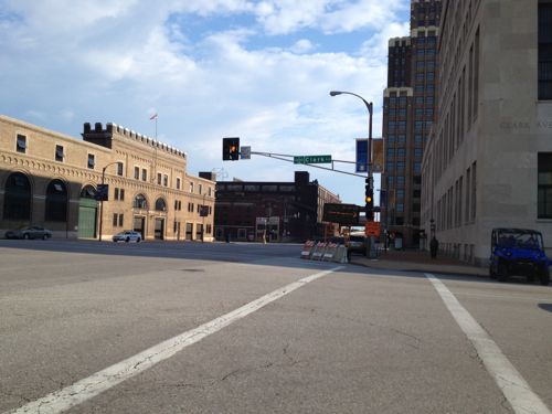 Looking south across Clark St toward the soon to be former police headquarters on the west side of Tucker.