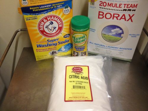 Ingredients used in dishwasher powder. Borax & Washing Soda also used in laundry detergent. 