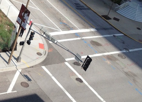 In July I noticed the perimeter of BPV wasn't ADA-compliant. The single  ramp is point sorta across Walnut, no ramp for crossing Broadway. This needs a "blended corner" due to high volumes of pedestrians on game days, click image for explanation of a blended corner (PDF). 