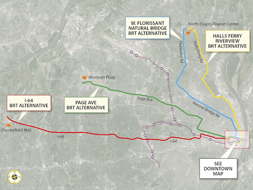 The four alternative BRT routes that were being studied. 