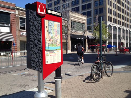 The CVC's downtown pedestrian directories don't show the trolley route or stops. 