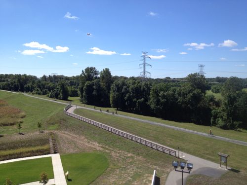 Cyclists on the trail on top of the levee