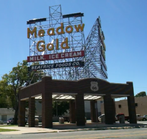 Former Meadow Gold Dairy building was relocated, used as an open-air Route 66 marker.