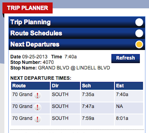 Example of scheduled versus estimated times, click image for Metro's Trip Planner