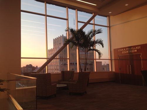 The glass wall of the 12th floor offers great views downtown. A mock courtroom occupies the north end of the floor.  