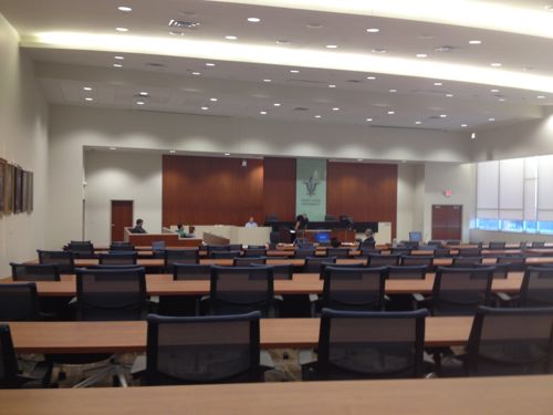 A small class was having a mock trial inside the courtroom