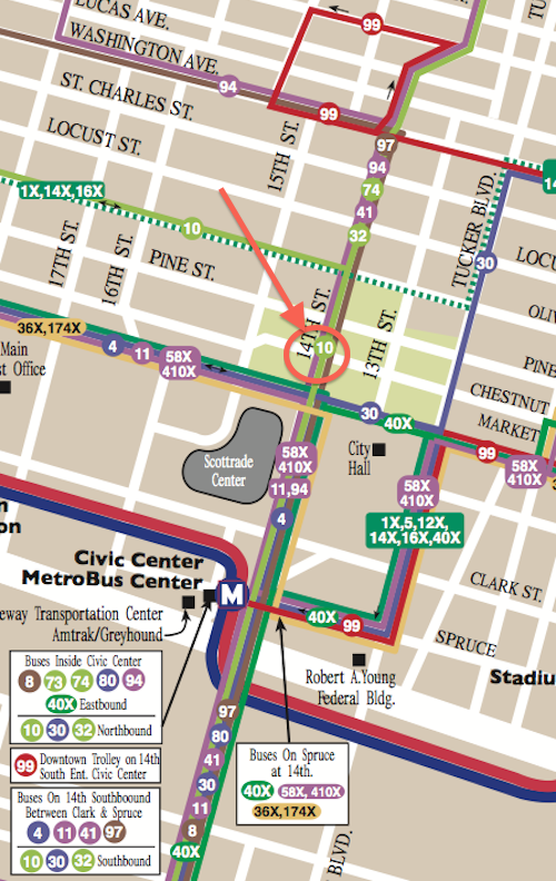From Metro's downtown detail map we can see all the bus routes that pass through the 14th & Chestnut intersection.
