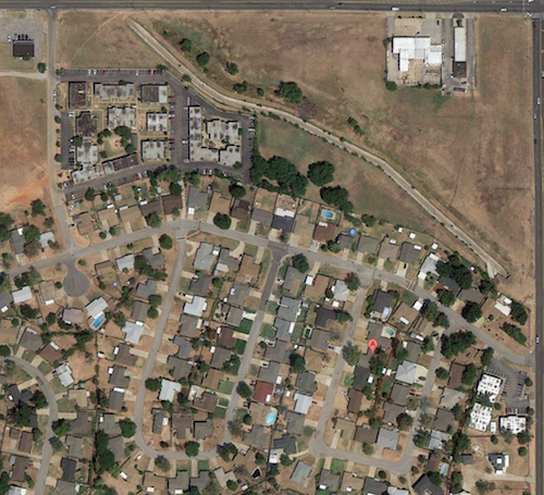 I grew up in a 1960s subdivision that lacked sidewalks, but there was a store I could walk/bike to (upper left), 