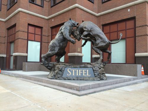 Bear vs. Bull sculpture by  Harry Weber