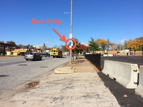 Looking north along Kingshighway, a stop for the #95 MetroBus is circled in red