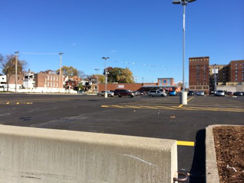 The fencing blocks pedestrian access, except at the auto driveways 