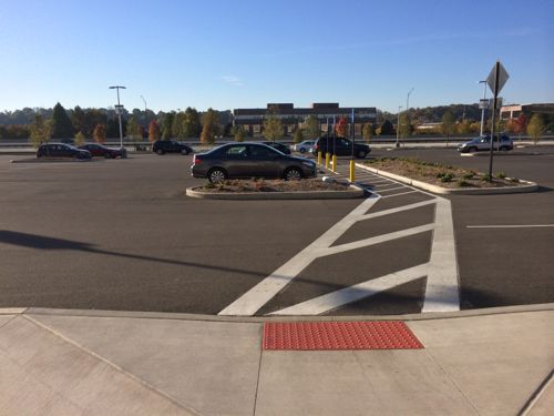 Crosswalks connect disabled parking to the mall entrances, but the angle was confusing for new construction