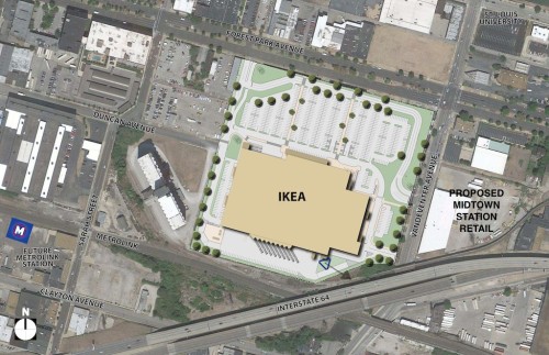 Proposed site plan for the IKEA, I marked the area to the east to indicate the proposed retail development. Click image to view larger.