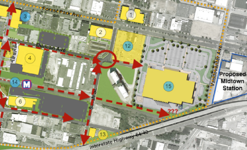 Overview of pedestrian routes that need examination. A direct path next to the track down to Vandeventer could help increase the walkability of the area, serving as another way for SLU students to reach a light rail station. Click image to view a larger version.