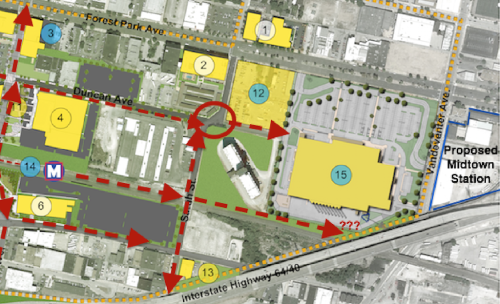 Overview of pedestrian routes that need examination. A direct path next to the track down to Vandeventer could help increase the walkability of the area, serving as another way for SLU students to reach a light rail station. Click image to view a larger version. 