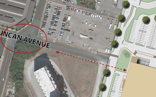 Current site plan doesn't show pedestrian access from the south side of Duncan Ave., intersection at Sarah needs to be addressed to connect IKEA to MetroLink.