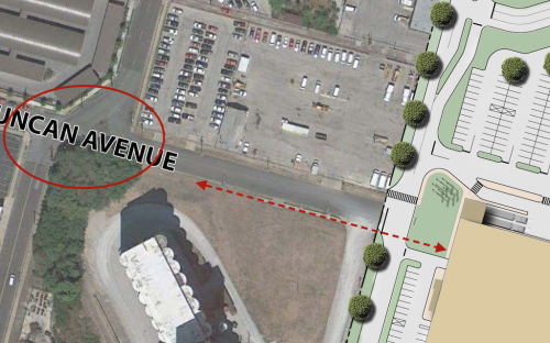 Current site plan doesn't show pedestrian access from the south side of Duncan Ave., intersection at Sarah needs to be addressed to connect IKEA to MetroLink. 