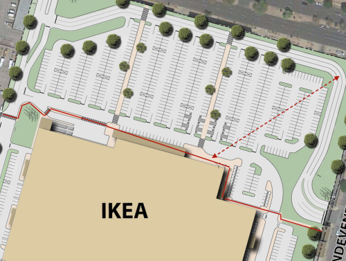 For pedestrians going from MetroLink or other locations to Midtown Station is means taking a convoluted route in front of IKEA.  For SLU students arriving at the corner of Forest Park & Vandeventer they'll likely cut through the parking lot rather than use the ADA accessible routes. Click image to view larger version. 