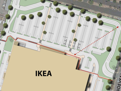 For pedestrians going from MetroLink or other locations to Midtown Station is means taking a convoluted route in front of IKEA. For SLU students arriving at the corner of Forest Park & Vandeventer they'll likely cut through the parking lot rather than use the ADA accessible routes. Click image to view larger version.