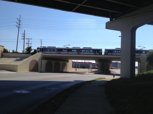 MetroLink train crossing over Vandeventer. 