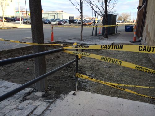 14th St @ Washington Ave.: Stones pavers & concrete removed so a new bus shelter can be built.