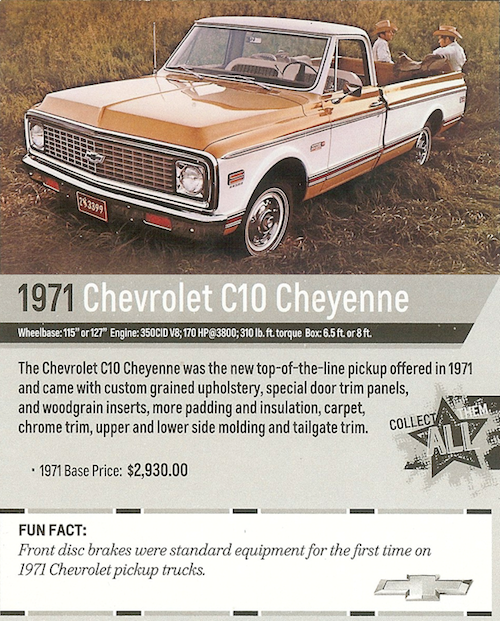 A trading card I got at the Chevy display featuring their full size light duty truck for 1971