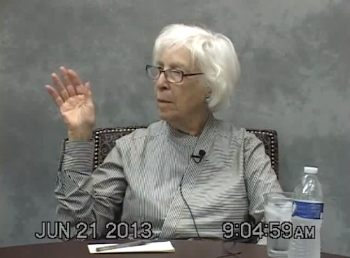Emily Pulitzer being sworn into the deposition.