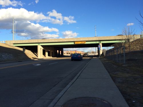 I had to turn around and go back to the MetroLink station to cross to the other side.