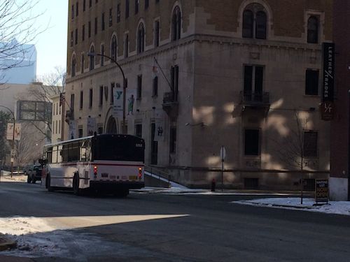 A #97 MetroBus heading eastbound on Locust at 16th