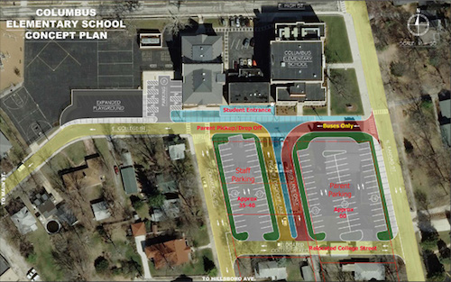 Graphic showing staff parking (left) and parent parking (right)    Source: Edwardsville Intelligencer, click for story  