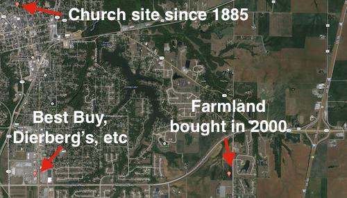 The future church location is on the far east edge of town, away from downtown and the new sprawl shopping. 