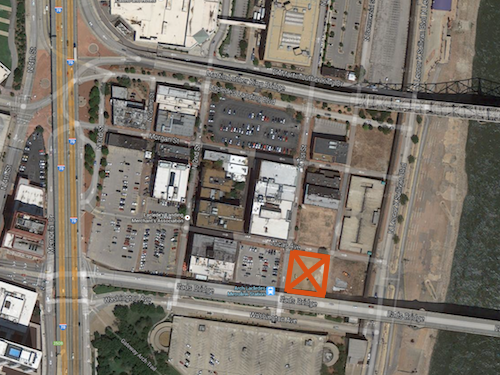 The site of the former Switzer Building, recently purchased by Great Rivers Greenway, is shown with the red X. Click to view in Google Maps.