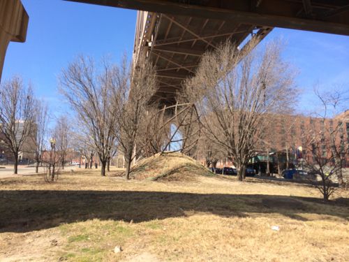This land needs help that Great Rivers Greenway could provide, a green park extending toward the city from the riverfront leading cyclists up and into Laclede's Landing.
