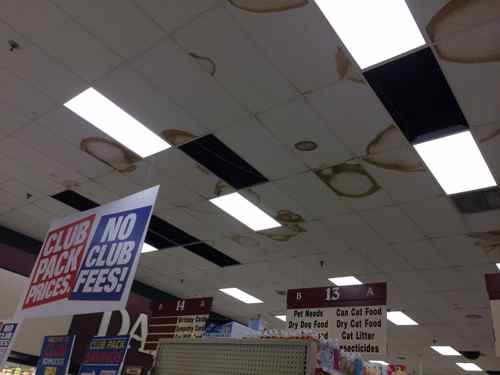 Throughout the store ceiling times were missing or water stained. 