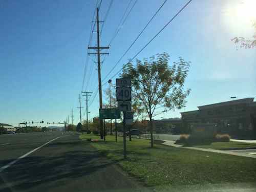 One of five MetroBus stops along Chesterfield Airport Rd serving retail in the Chesterfield Valley, just a sign on the shoulder