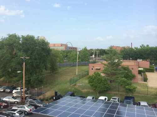 Looking toward downtown you can see Ameren's headquarters, the solar carport is at the bottom  