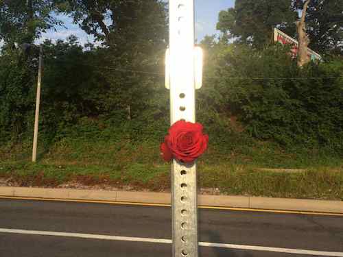 Braille bus stop sign at Jennings/Ferguson line faces W. Florissant, not the sidewalk