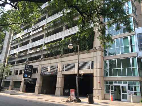 The Erie Ontario Parking Garage occupies a full city block in Chicago, located within the Northwestern Memorial Hospital Campus. 