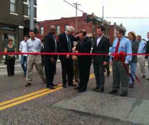 Mayor Slay cut the ribbon on May 19, 2011. Grove Community Improvement District board member, Dave Renard, is on the right