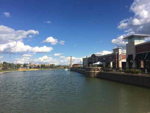 Some buildings facing north toward Clayton Rd look out onto this pond. 