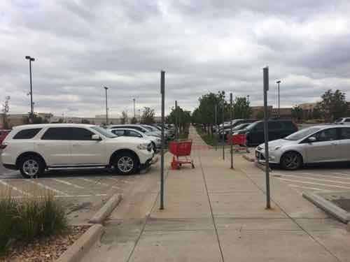 Looking out from Target, their walkway connects to the Stapleton pedestrian network beyond Target's parking lot.