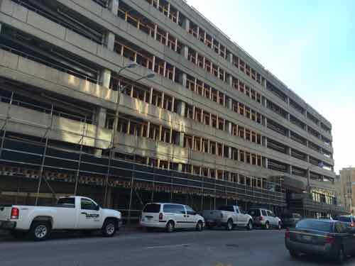 Parking garage ar Locust & Tucker undergoing a concrete restoration costing at least $2 million 