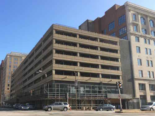 Garage at Tucker & Locust, December 2014. The two planters hit Monday can be seen between the cars