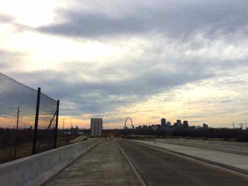 The new I-70/Route 3 interchange has the start of a road heading toward the East St. Louis riverfront 