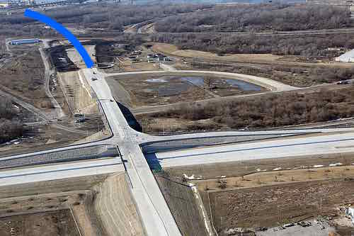 The blue line marks where the road will continue. Image from the New Bridge gallery, click to view. 