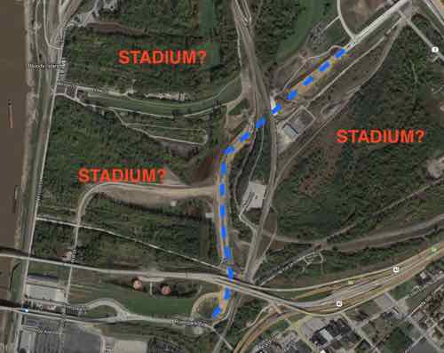 Aerial shows how the new I-70/iL Route 3 interchange will connect to Riverpark Dr  leading Front St. 