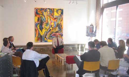 Steve Patterson speaking at a gathering at Gallery Urbis Orbis downtown, February 2005