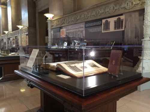 Some materials from the collection are on display in the Grand Hall, the book in the foreground was published in 1761