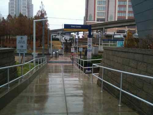 When the Gateway Transportation Center (Amtrak & Greyhound) opened in the Fall of 2008 the access to the adjacent Civic Center MetroLink Station was a straight shot. November 2010 photo