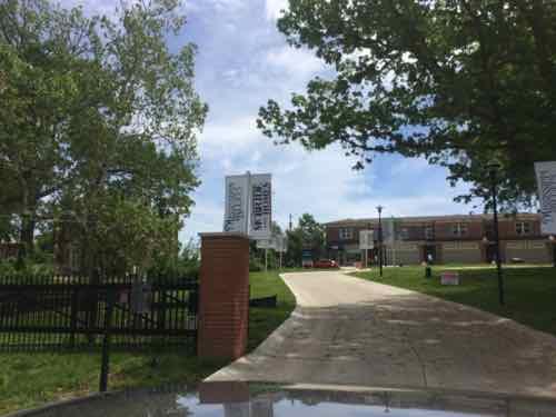 The view from the North entry, where the Doering once stood. Garage doors are highly visible from Broadway.